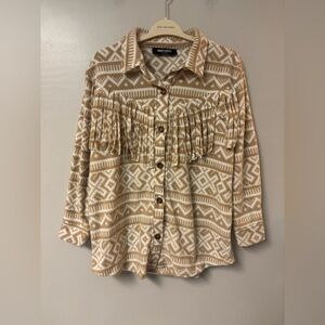 Inner Circle Desert Fringe Front Aztec Shacket Brown White Womens Large Button